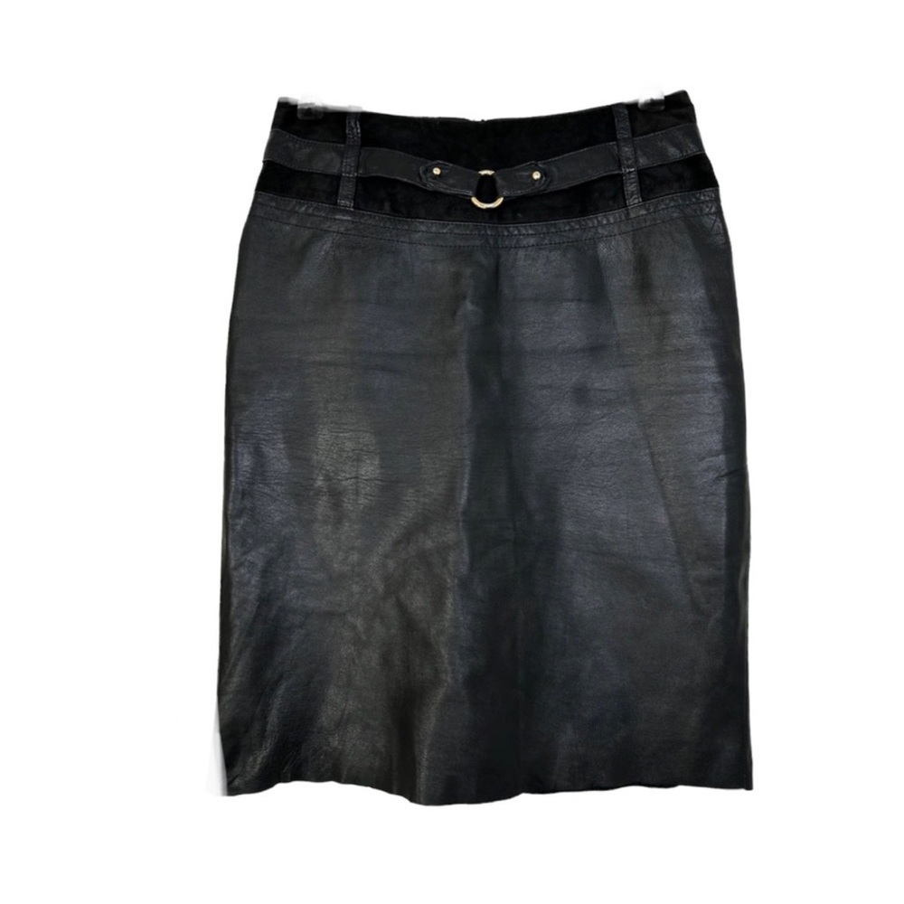 Vintage BCBGMaxAria Leather Suede Pencil Mini Skirt Black Gold Tone Buckle XS